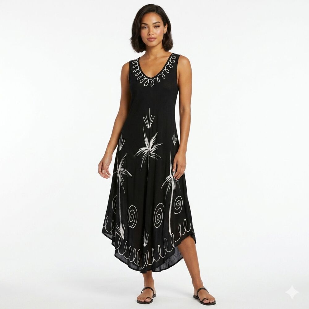 👗 Just Cruising Black Rayon Artistic Print Boho Maxi Dress One Size